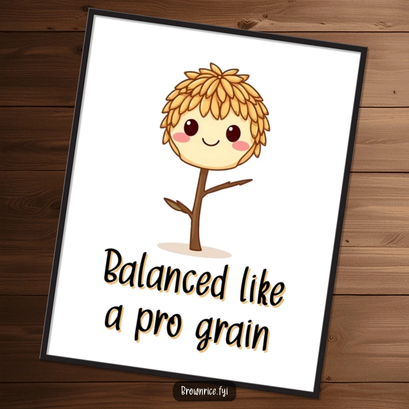 Funny Free Printable Wall Art: A smiling brown rice grain in serene balance atop a single, tiny twig, radiating peace.