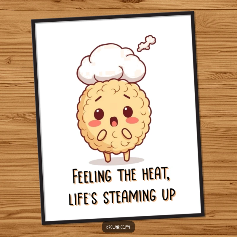 Funny Free Printable Wall Art: Brown rice character shows comical surprise as steam plumes rise, a humorous and downloadable art piece.