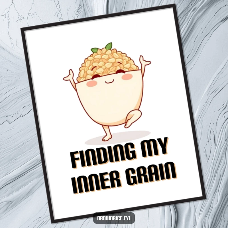 Funny Free Printable Wall Art: A smiling bowl of brown rice character in a graceful yoga pose, bringing zen and humor.