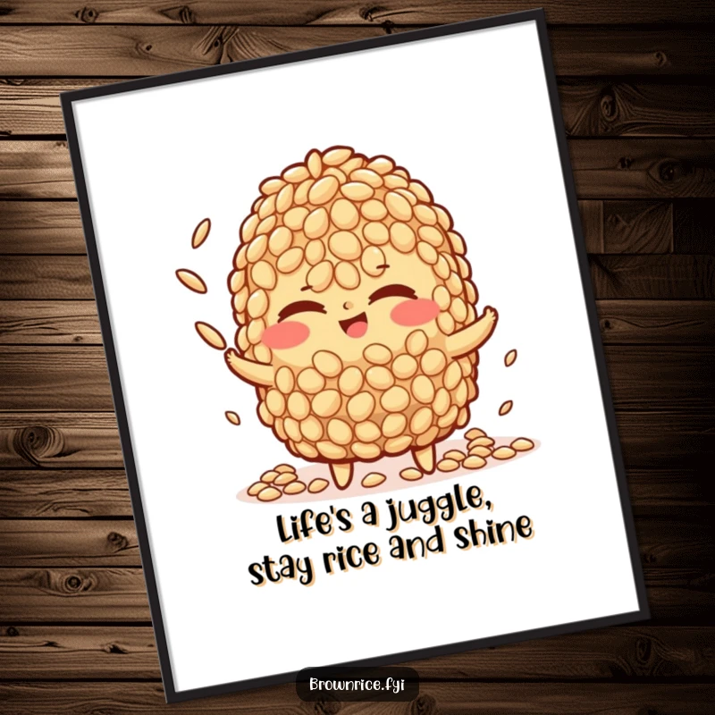 Funny Free Printable Wall Art: Brown rice character winks while impressively juggling tiny rice grains, a humorous and downloadable piece.