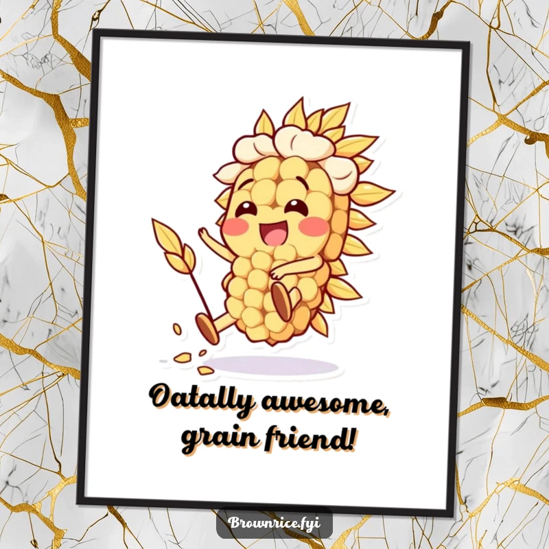 Funny free printable wall art of a happy oat grain character performing a silly stunt, bringing energetic, wholesome charm and a smile to the wall.