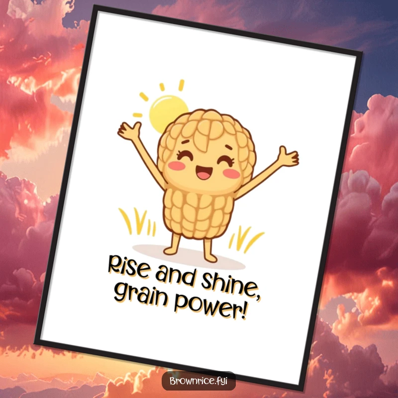 Funny Free Printable Wall Art: A cheerful brown rice grain character stretching its arms happily in the sun, radiating positive vibes.