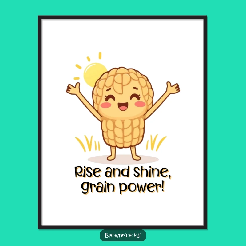 Free Printable Wall Art: Cheerful Brown Rice Character Stretching Sunnily - Quirky Home Decor