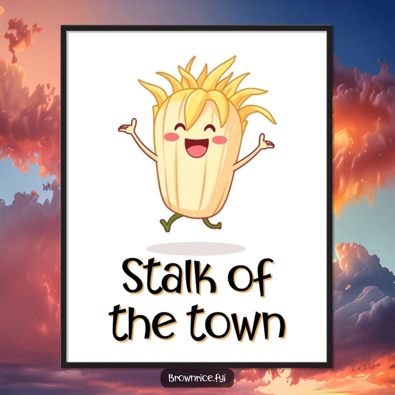 Funny Free Printable Wall Art: A grinning stalk of rice character is depicted dancing freely with unrestrained, cheerful abandon.