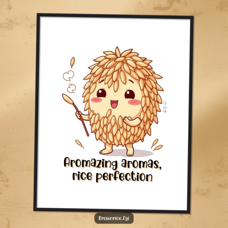 Funny Free Printable Wall Art: Anthropomorphic rice grain creating a mouth-watering aroma cloud, evoking delightful smells and culinary magic.