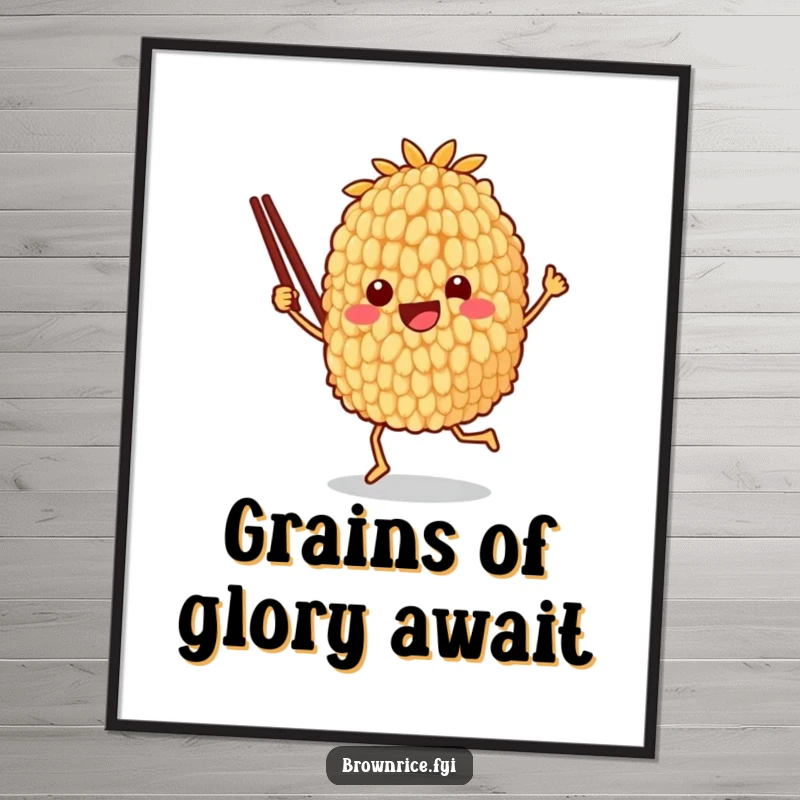 Funny Free Printable Wall Art: An anthropomorphic brown rice grain character dances with wild abandon and chopsticks.