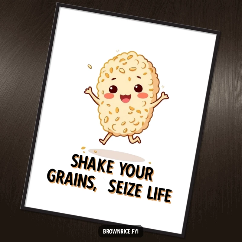 Funny Free Printable Wall Art: A brown rice character performs a happy, bouncy jig, lightly dusted with sesame seeds.