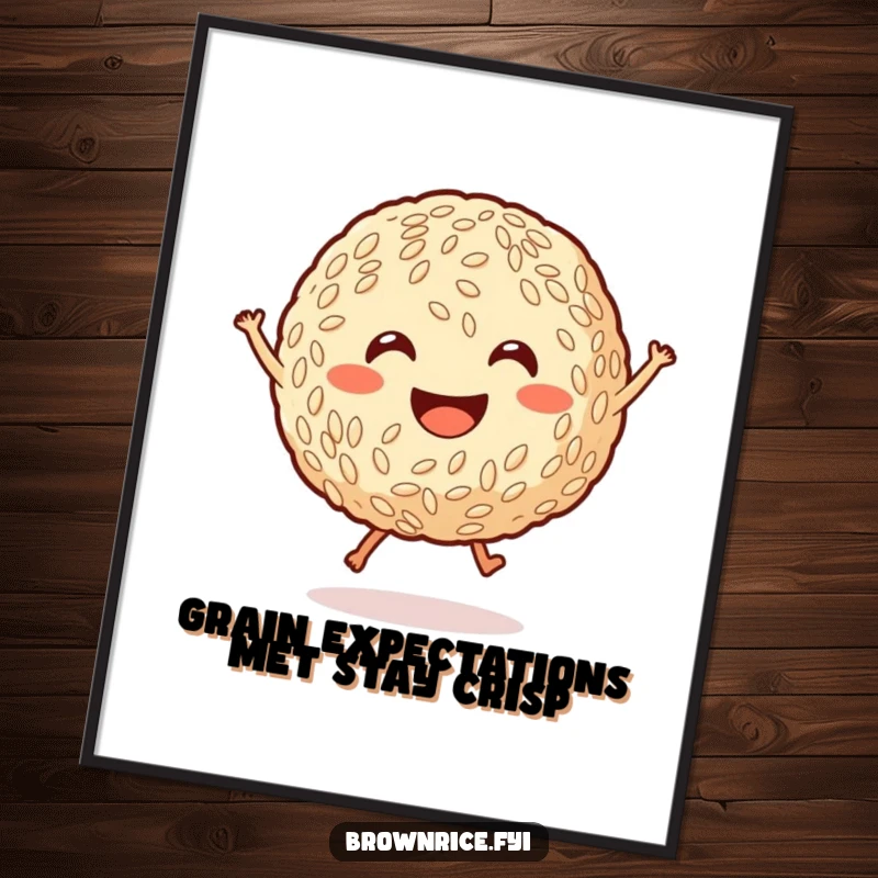 Funny Free Printable Wall Art: A smiling brown rice ball with tiny legs jumping joyfully, radiating happiness. Unique decor.