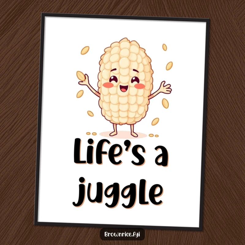 Funny Free Printable Wall Art: A smiling grain of rice character masterfully juggling smaller grains, adding a touch of whimsy.