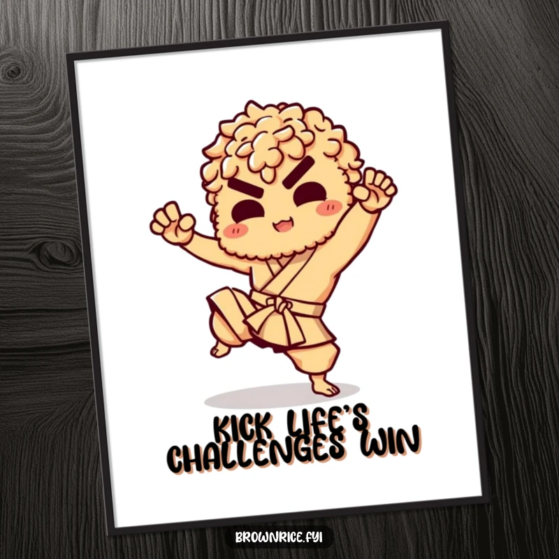 Funny Free Printable Wall Art: Brown rice character performing an athletic, playful martial arts kick with a determined look.