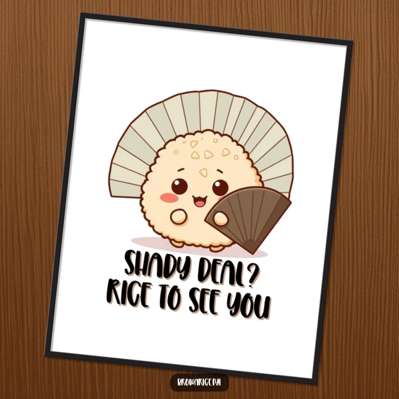 Funny Free Printable Wall Art: A mischievous brown rice ball peeking from behind a fan. Whimsical and fun decor.
