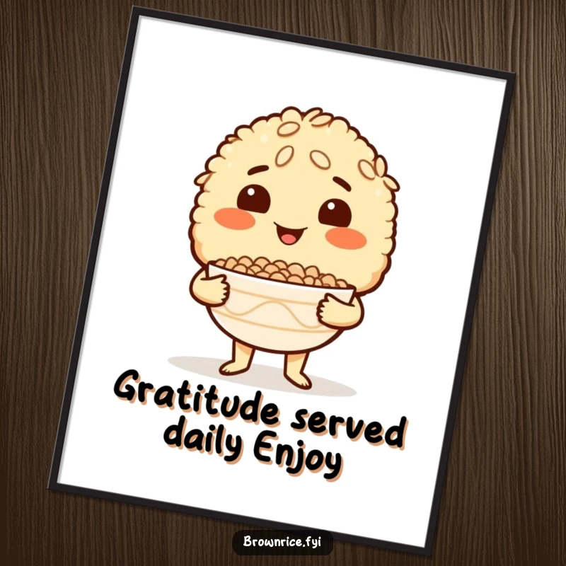 Funny Free Printable Wall Art: Brown rice character proudly holds a bowl, beaming with accomplishment and charm.