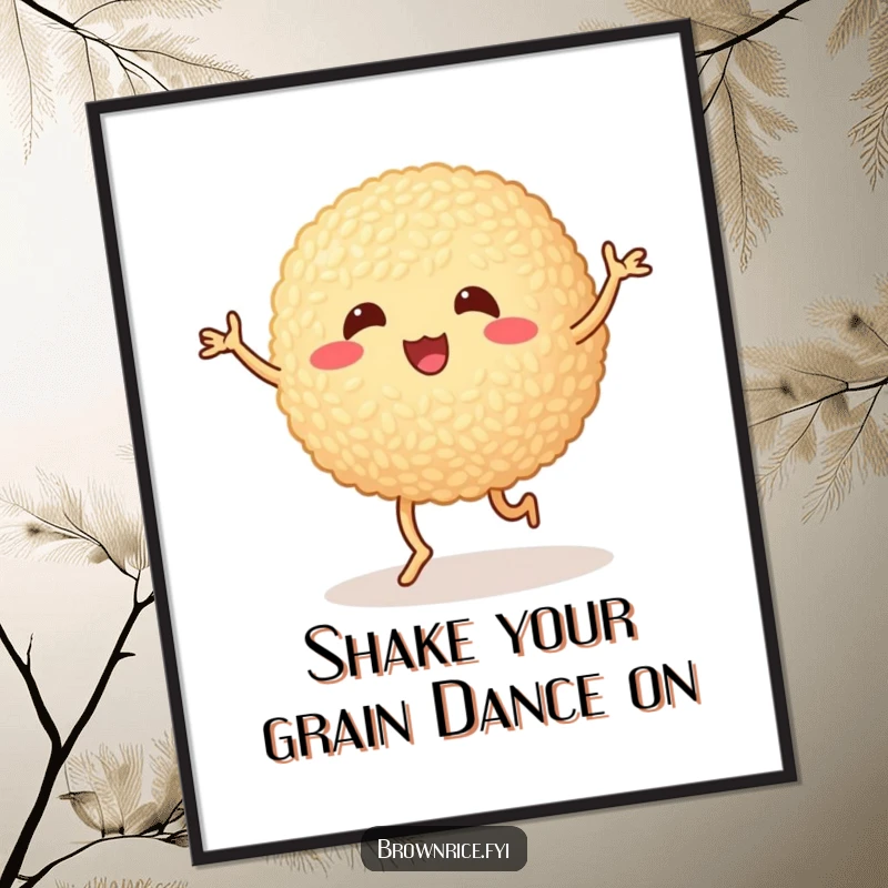 Funny Free Printable Wall Art: A brown rice ball doing a silly dance with wobbly legs. Whimsical art.