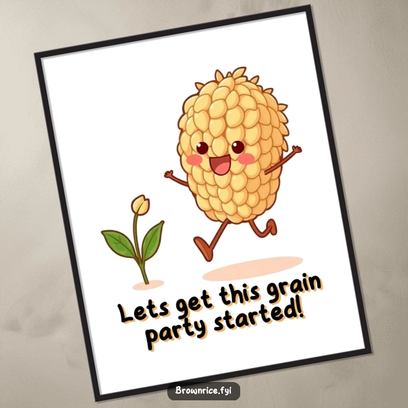 Funny Free Printable Wall Art: An energetic brown rice grain character skips gleefully, a small sprout beside it, bringing joy to any room.