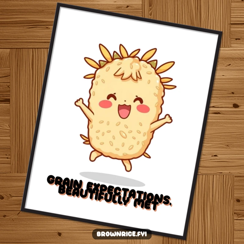 Fun Free Printable Wall Art: A brown rice character happily bouncing with pure energy, vibrant downloadable art.