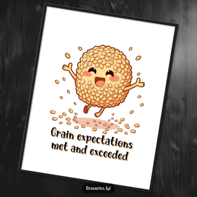 Funny Free Printable Wall Art: Excited brown rice character bouncing energetically, grains scattering around it.