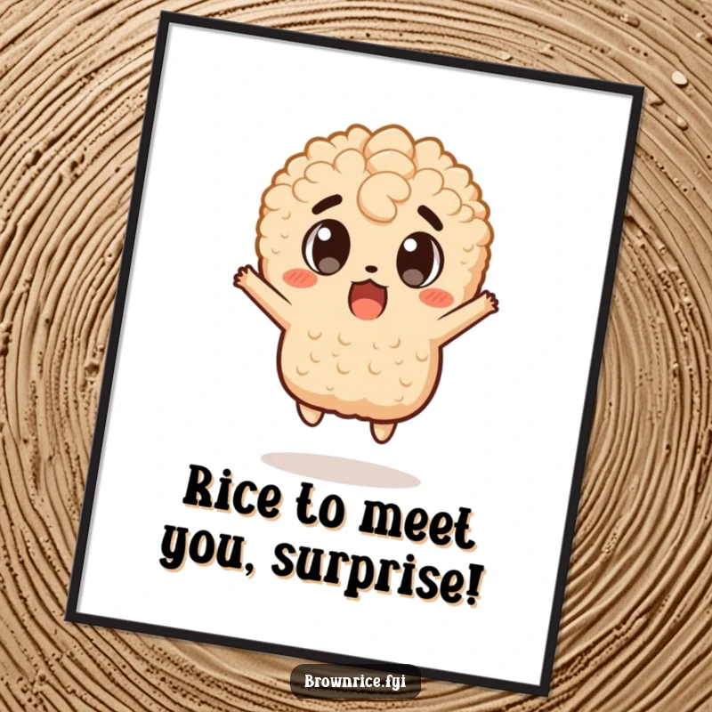 Funny Free Printable Wall Art: Brown rice character in a dramatic surprised jump, adding humor to downloadable decor.