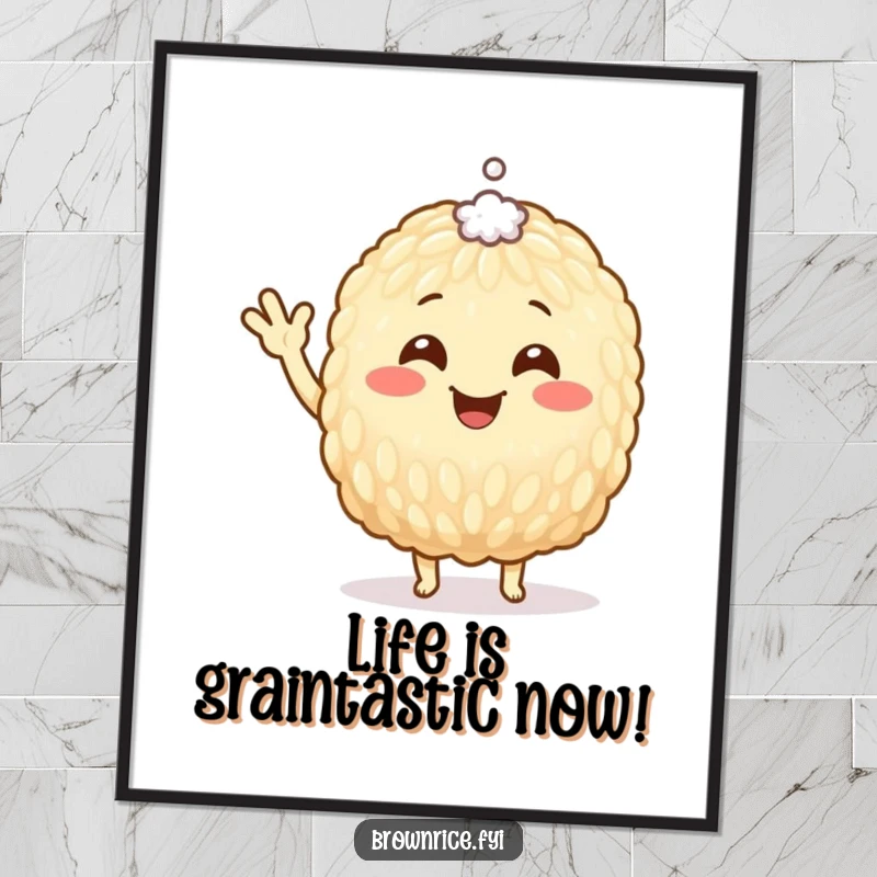 Funny Free Printable Wall Art: A smiling brown rice grain character waving enthusiastically, exuding joy and a whimsical charm for your walls.