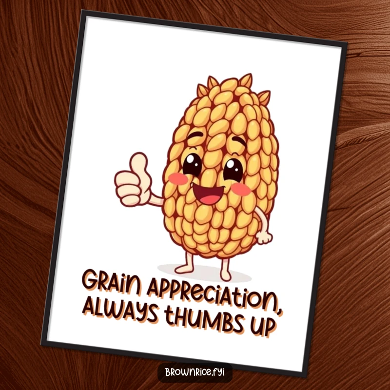 Funny Free Printable Wall Art: An energetic brown rice grain character gives a huge thumbs up, looking incredibly pleased and positive.