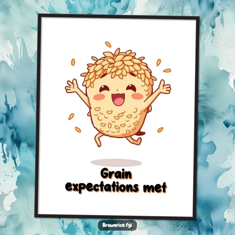 Funny Free Printable Wall Art: An anthropomorphic brown rice character in a dynamic, celebratory jump, full of playful energy.