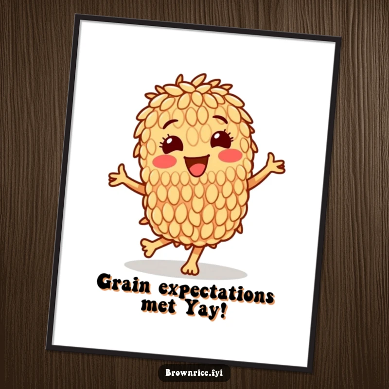 Funny Free Printable Wall Art of a cheerful brown rice grain character performing an energetic happy dance.