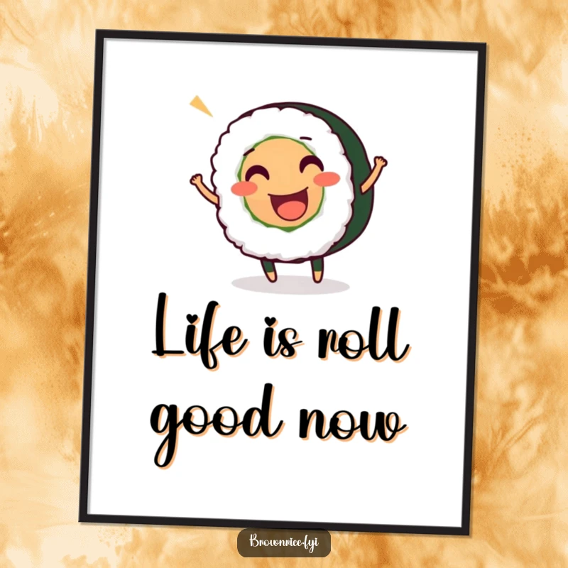 Funny Free Printable Wall Art of a smiling sushi roll character wiggling with energetic, joyful motion.