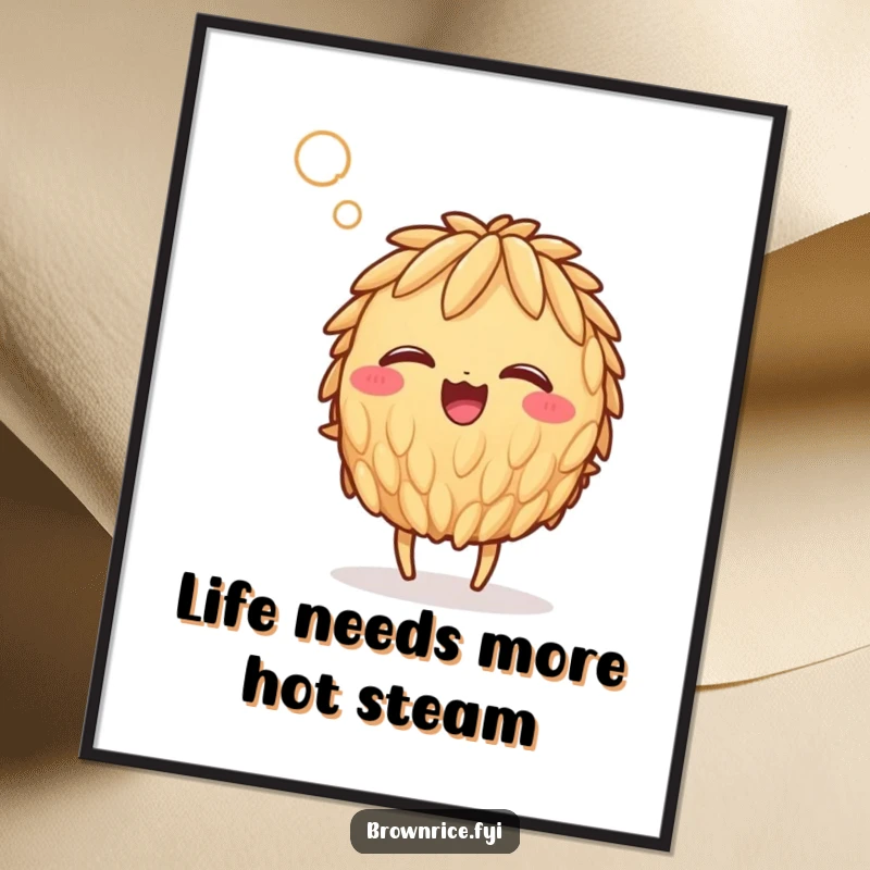 Funny Free Printable Wall Art: A cute brown rice grain character gleefully caught in a comical gust of steam.