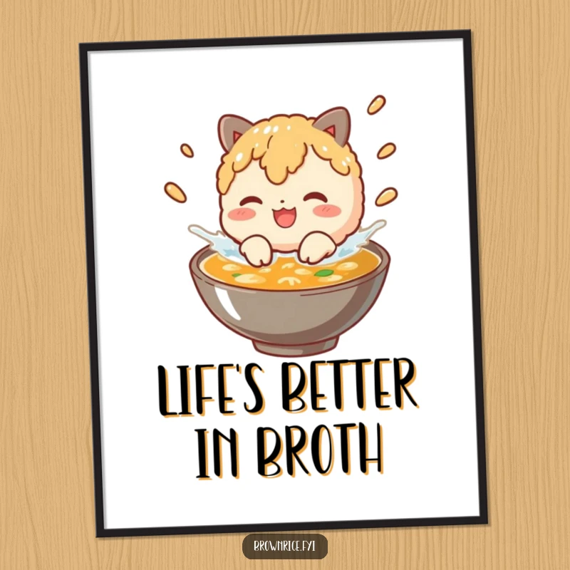 Funny Free Printable Wall Art: Brown rice character joyfully splashing around in a bowl of broth.