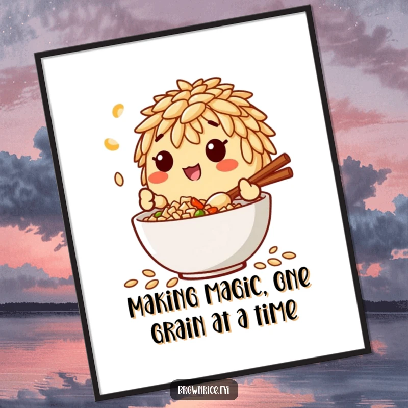 Funny Free Printable Wall Art: A happy brown rice grain character is in a kitchen, cheerfully mixing ingredients in a large bowl.