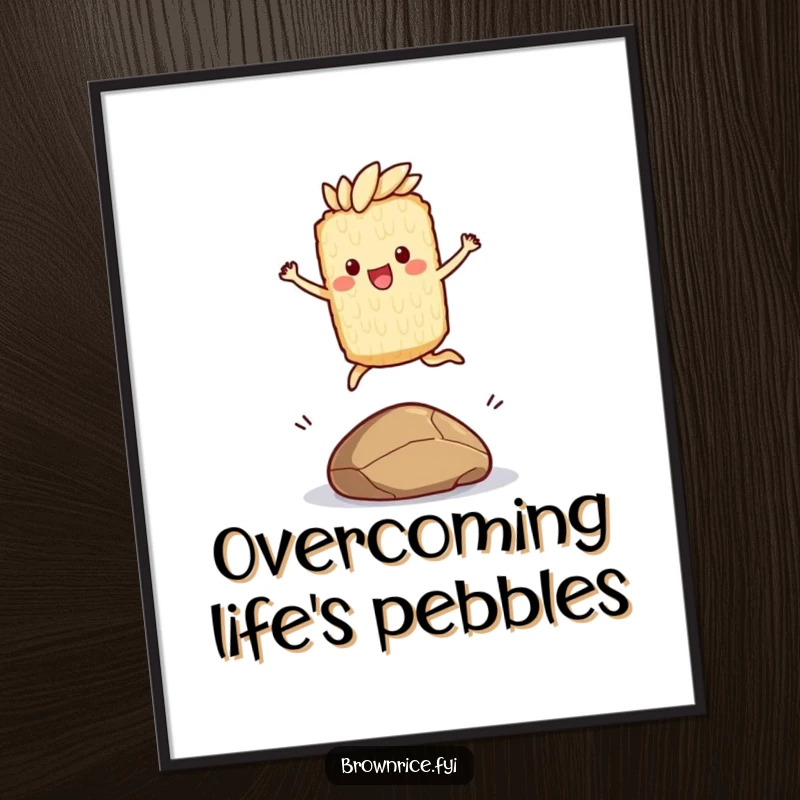 Funny Free Printable Wall Art: A jumping brown rice character leaping joyfully over a small pebble, full of life and energy.