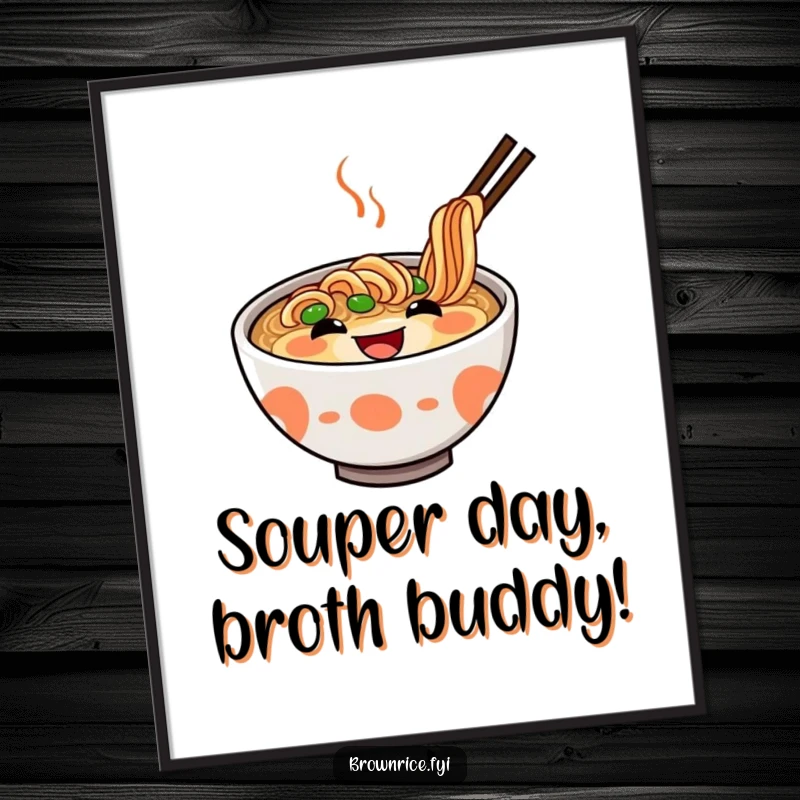 Funny free printable wall art of a delighted ramen bowl character with a huge grin, adding quirky charm to any kitchen or dining area.
