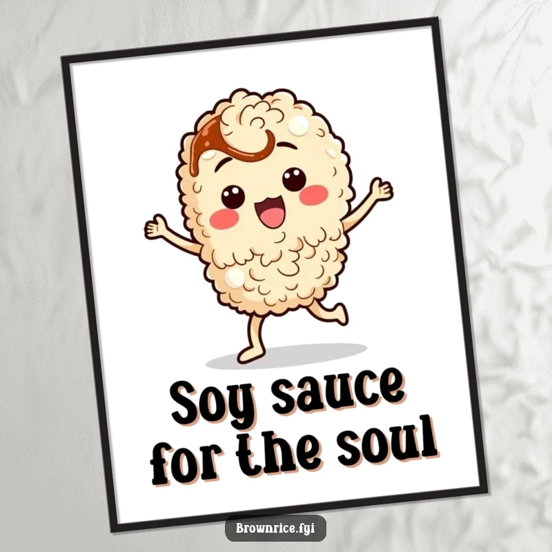 Funny Free Printable Wall Art: Brown rice character doing a joyful and silly dance.