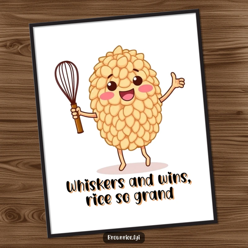 Funny Free Printable Wall Art: Anthropomorphic rice grain executing a joyful victory dance with a whisk, radiating pure happiness.