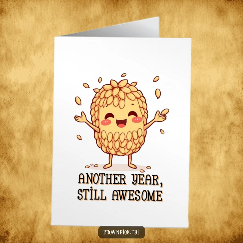 Funny Free Printable Birthday Card: Happy brown rice grain character skillfully juggling smaller grains. A fun downloadable greeting.