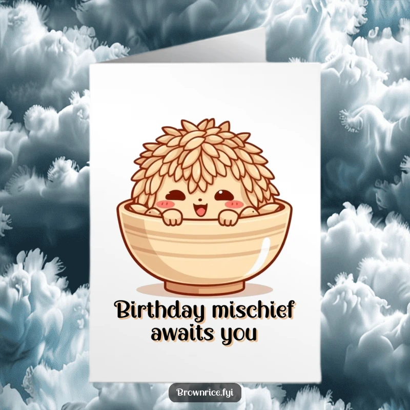 Funny Free Printable Birthday Card: Mischievous brown rice grain character peeking slyly from a bowl. A fun downloadable greeting.