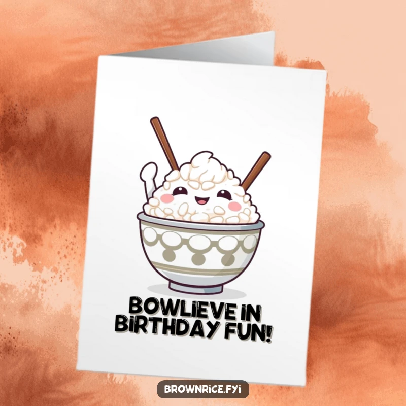 Funny Free Printable Birthday Card: A cute bowl of rice character holding chopsticks high in a triumphant victory pose.
