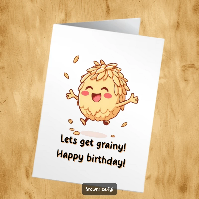 Funny Free Printable Birthday Card with an anthropomorphic brown rice character joyfully bouncing a tiny grain, a unique downloadable greeting.