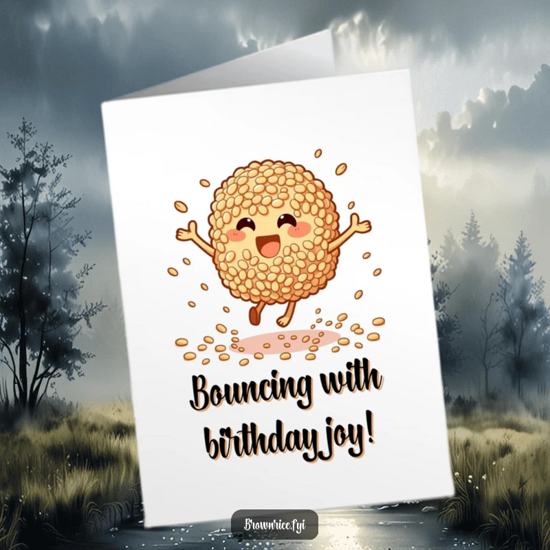 Funny Free Printable Birthday Card: Excited brown rice character bouncing energetically, surrounded by scattering grains.