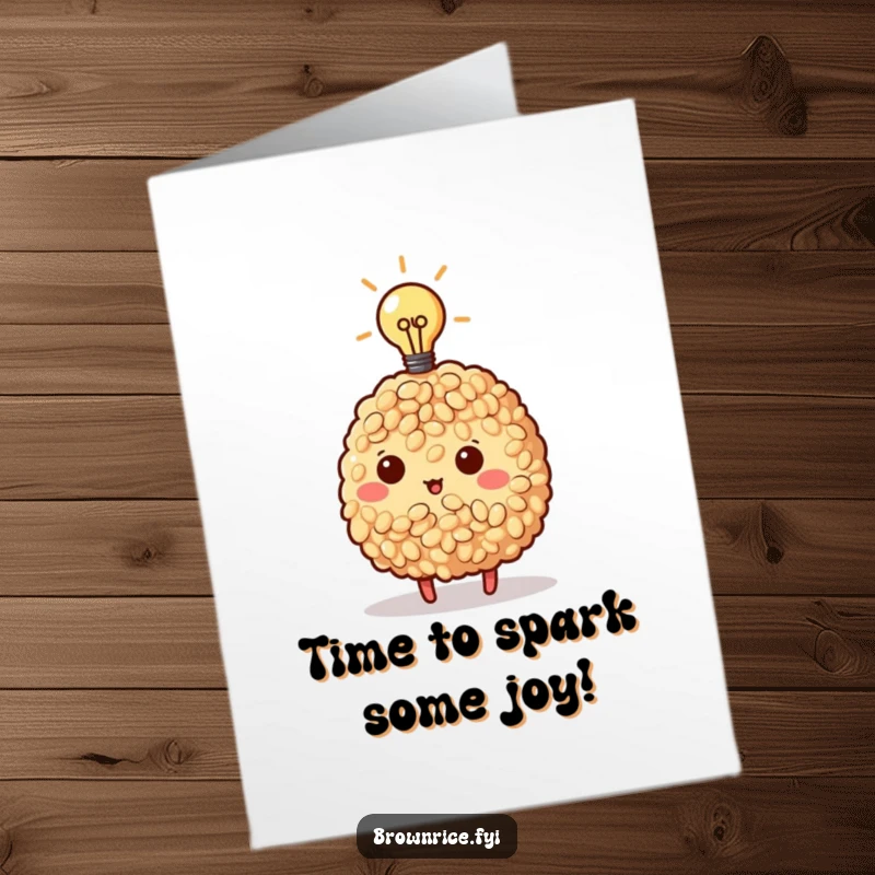 Funny Free Printable Birthday Card: Brown rice character has a bright lightbulb idea, symbolizing inspiration.