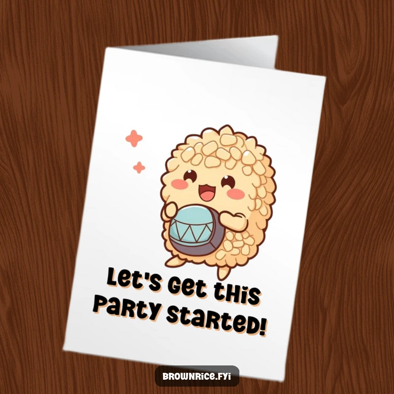 Funny Free Printable Birthday Card: A small clump of brown rice characters enthusiastically playing tiny drums, setting a festive mood.