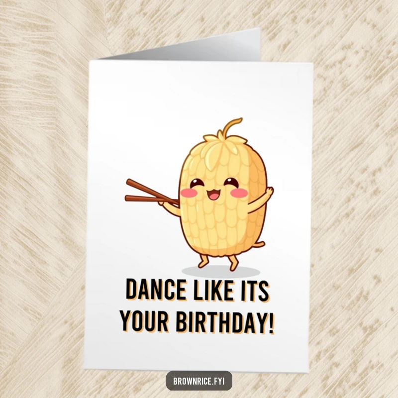 Funny Free Printable Birthday Card: Cheerful brown rice grain character joyfully dancing while holding chopsticks. Fun downloadable greeting.