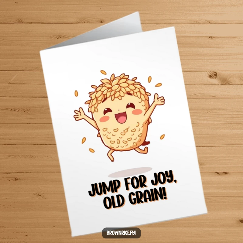Funny Free Printable Birthday Card: Anthropomorphic brown rice character leaping with joy, celebrating a special occasion with goofy energy.
