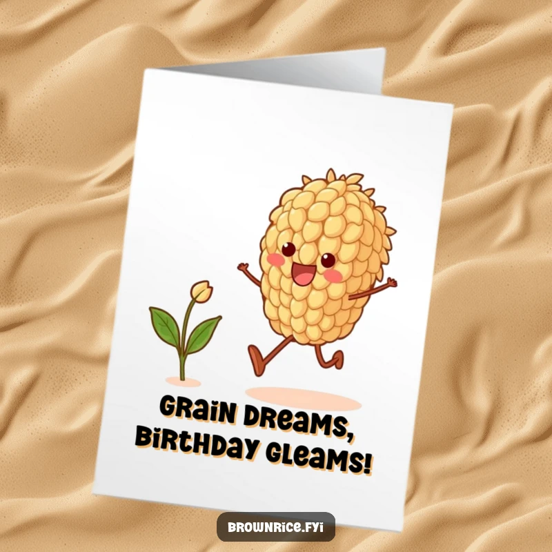 Funny Free Printable Birthday Card: Animated brown rice grain character skipping joyfully with a tiny green sprout, full of birthday cheer.