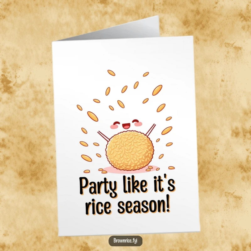 Funny Free Printable Birthday Card: A happy brown rice ball tossing rice grains joyfully in the air. Festive and fun.