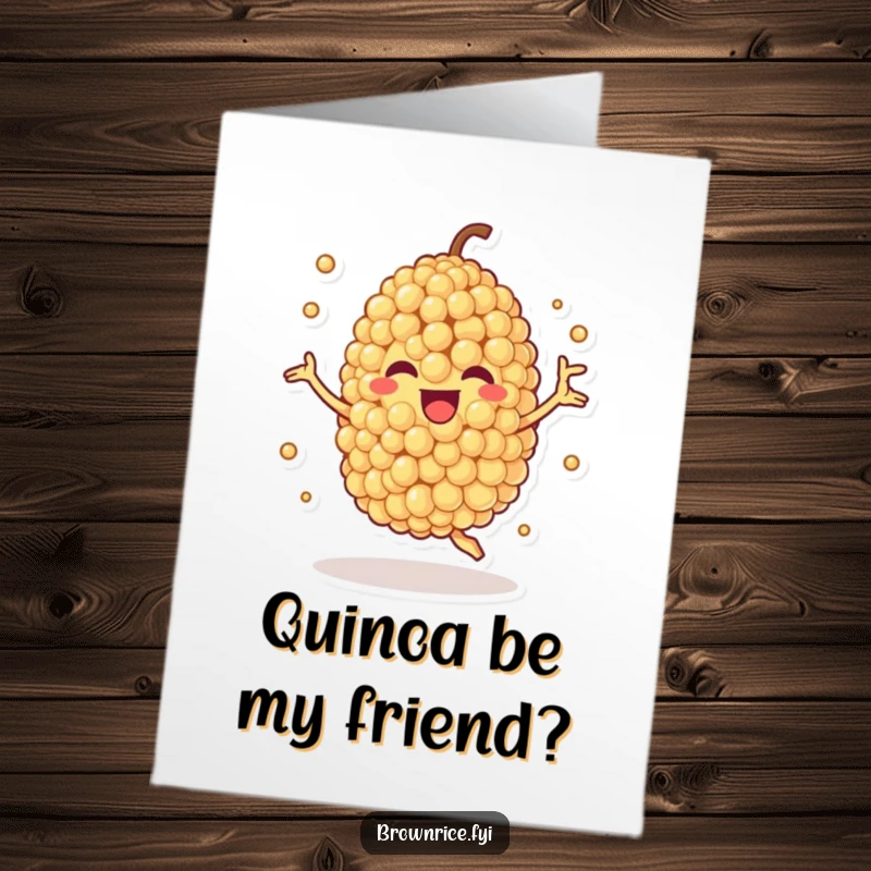 Funny Free Printable Birthday Card of an anthropomorphic quinoa grain character spinning with pure, unadulterated joy.