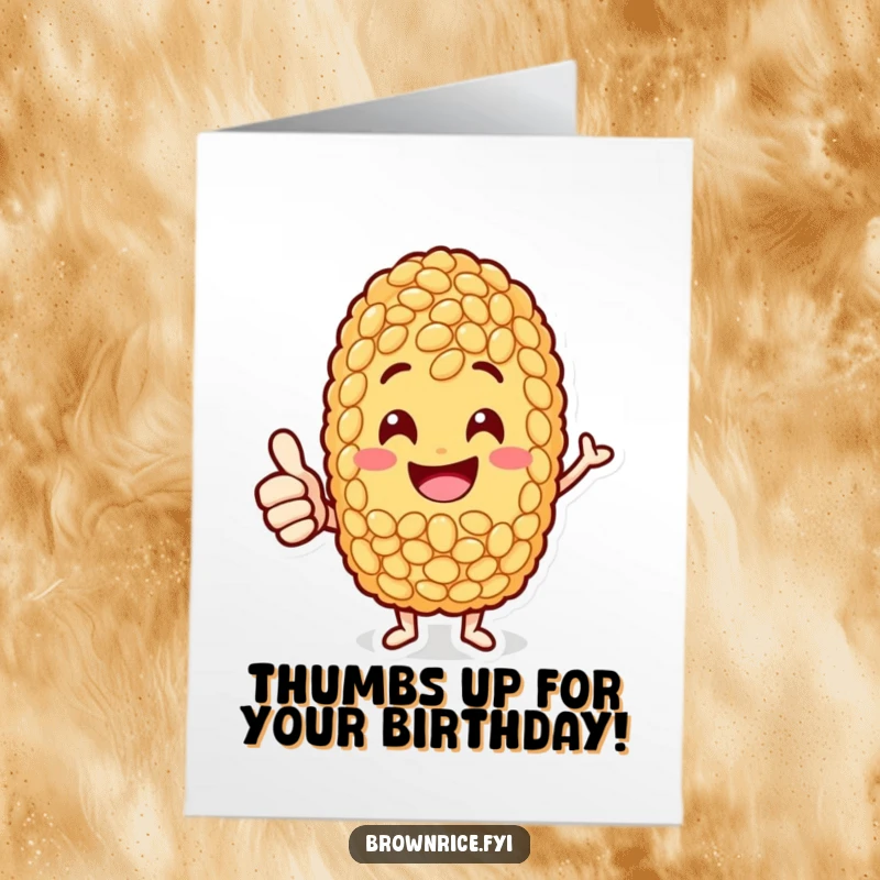 Funny Free Printable Birthday Card: A jolly brown rice grain character giving a big, enthusiastic thumbs-up.