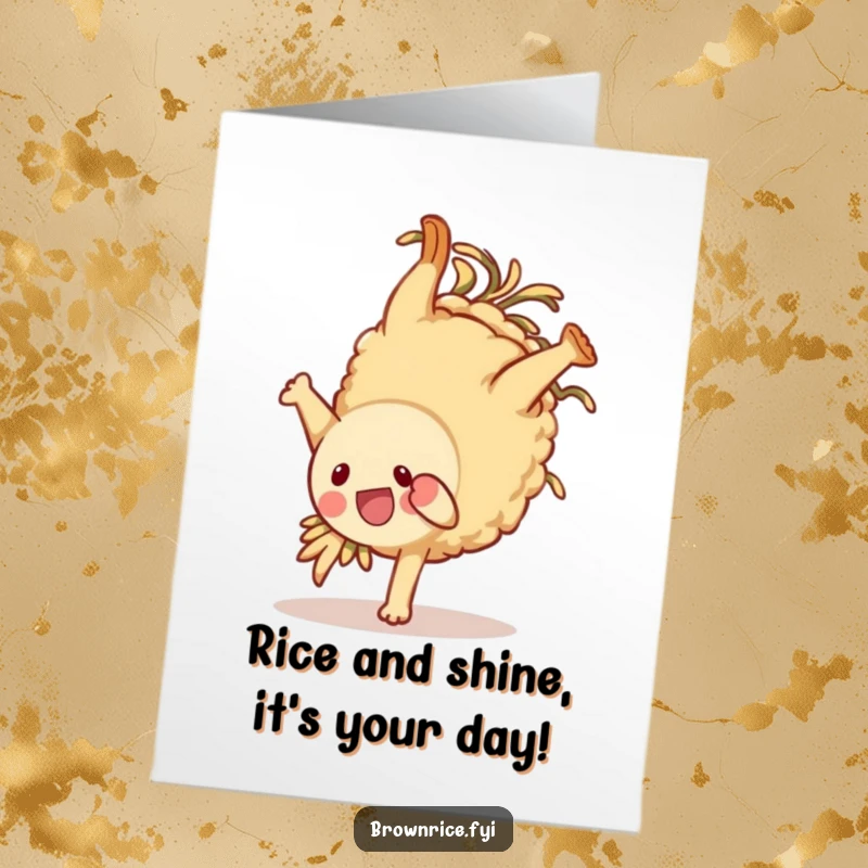 Funny Free Printable Birthday Card: Brown rice character in a joyous somersault, spreading laughter and party vibes, a cheerful downloadable delight.