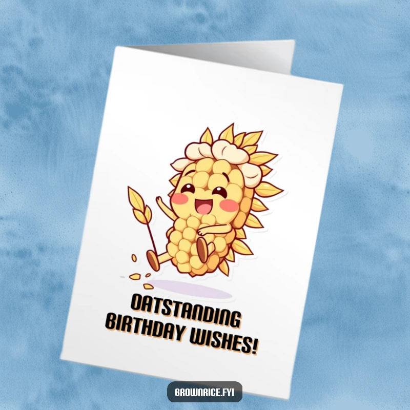 Funny free printable birthday card with a happy oat grain character performing a silly stunt, ready to roll into birthday celebrations with playful energy.