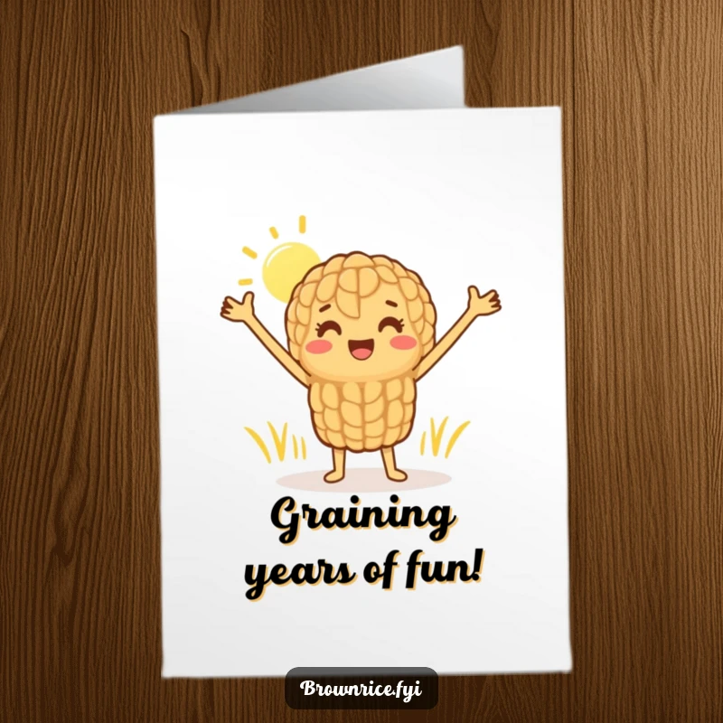 Funny Free Printable Birthday Card: A cheerful brown rice grain character stretching happily in the sun, arms wide, radiating joy.