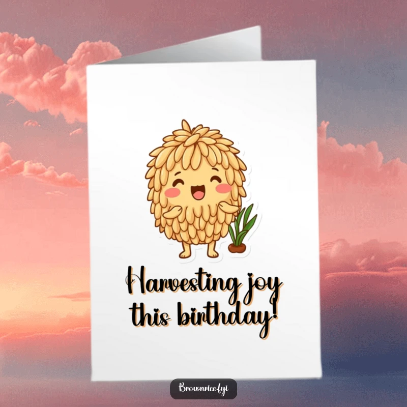 Funny Free Printable Birthday Card: Brown rice character looks thrilled about a bountiful and healthy harvest.